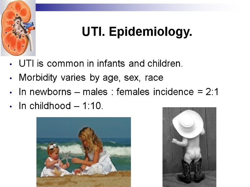 UTI. Epidemiology. UTI is common in infants and children. Morbidity varies by age, sex,